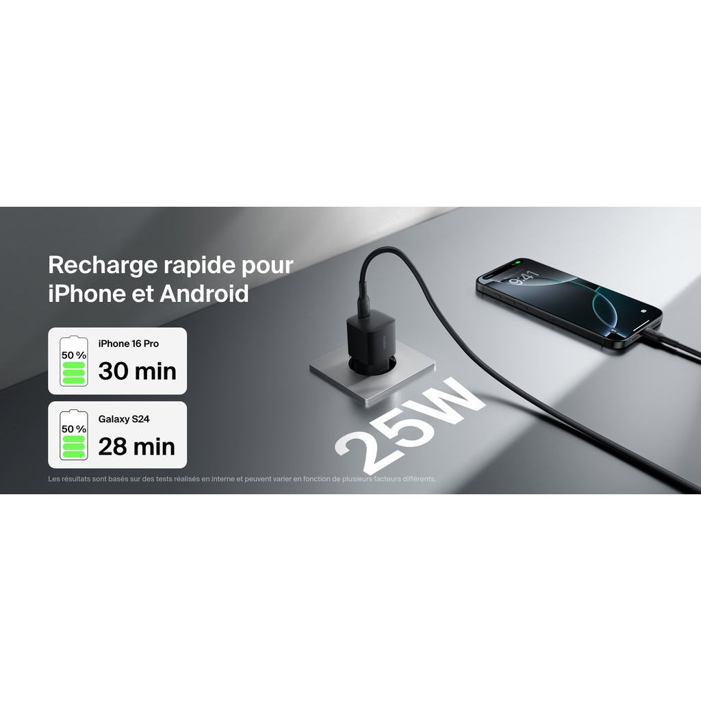 Chargeur Belkin 25W USB-C + Câble 1m – Charge Rapide PD 3.0 & PPS  iPhone, Samsung, Android PhoneShield