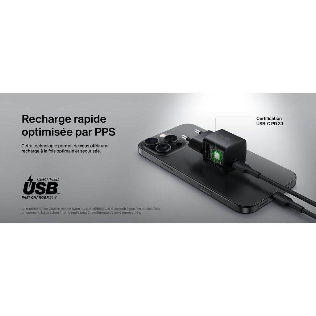 Chargeur Belkin 25W USB-C + Câble 1m – Charge Rapide PD 3.0 & PPS  iPhone, Samsung, Android PhoneShield