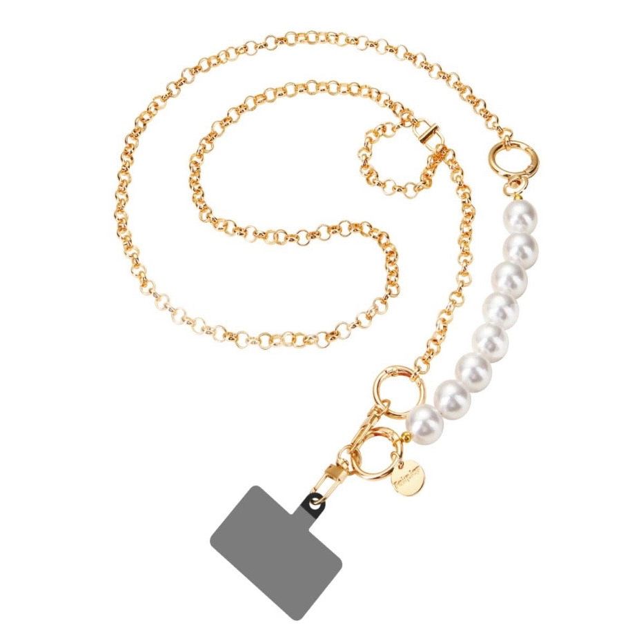 Chaîne Fairplay PERLA Dorée & Perles Blanches - Tour de cou élégant 120 cm pour smartphone PhoneShield