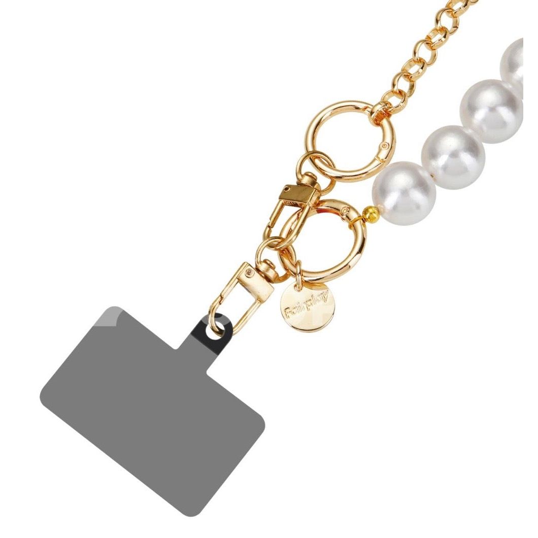 Chaîne Fairplay PERLA Dorée & Perles Blanches - Tour de cou élégant 120 cm pour smartphone PhoneShield