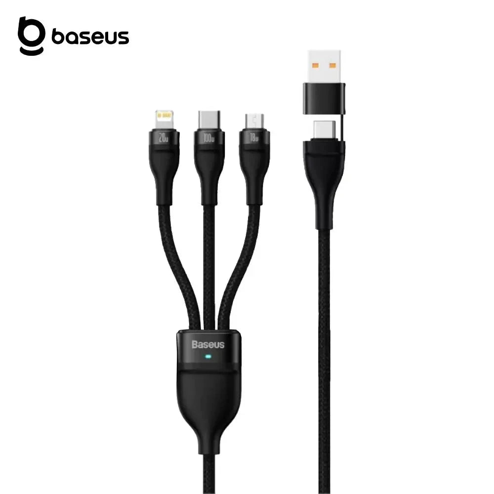 Câble 3 en 1 Baseus Flash Series 100W USB-C + Lightning + Micro-USB – Charge rapide & Nylon tressé (1.2m) PhoneShield