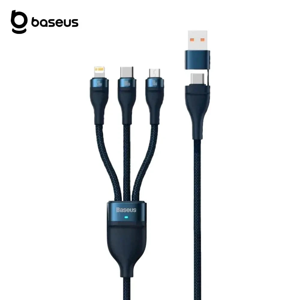 Câble 3 en 1 Baseus Flash Series 100W USB-C + Lightning + Micro-USB – Charge rapide & Nylon tressé (1.2m) PhoneShield