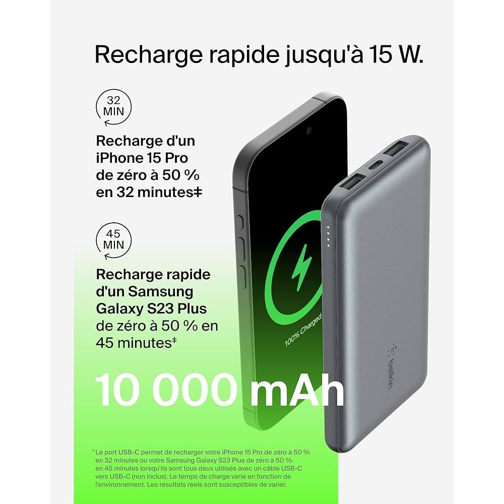 Belkin Power Bank 10 000 mAh 15W | Batterie externe compacte USB-C PhoneShield