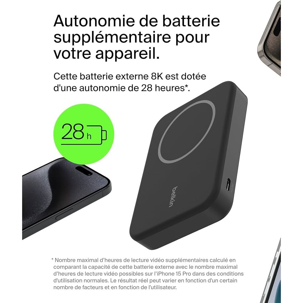 Belkin Power Bank MagSafe 8 000 mAh Qi2 | Batterie externe sans fil iPhone PhoneShield